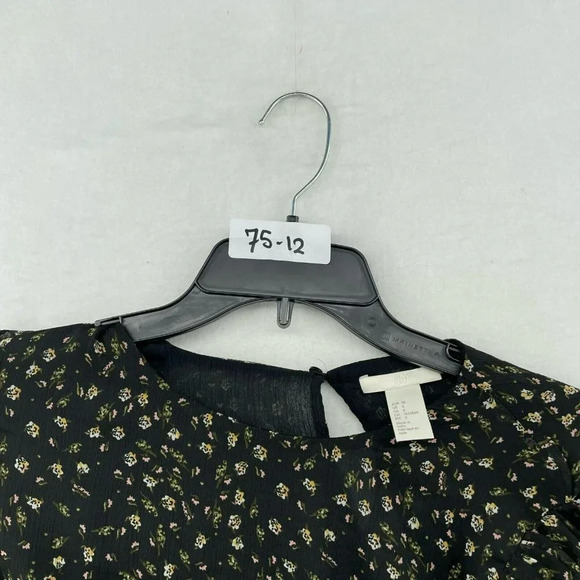 H&M Blouse Women's Sz 6 Black Floral Ruffle Puff Sleeves Long Sleeves Sheer - Picture 11 of 11